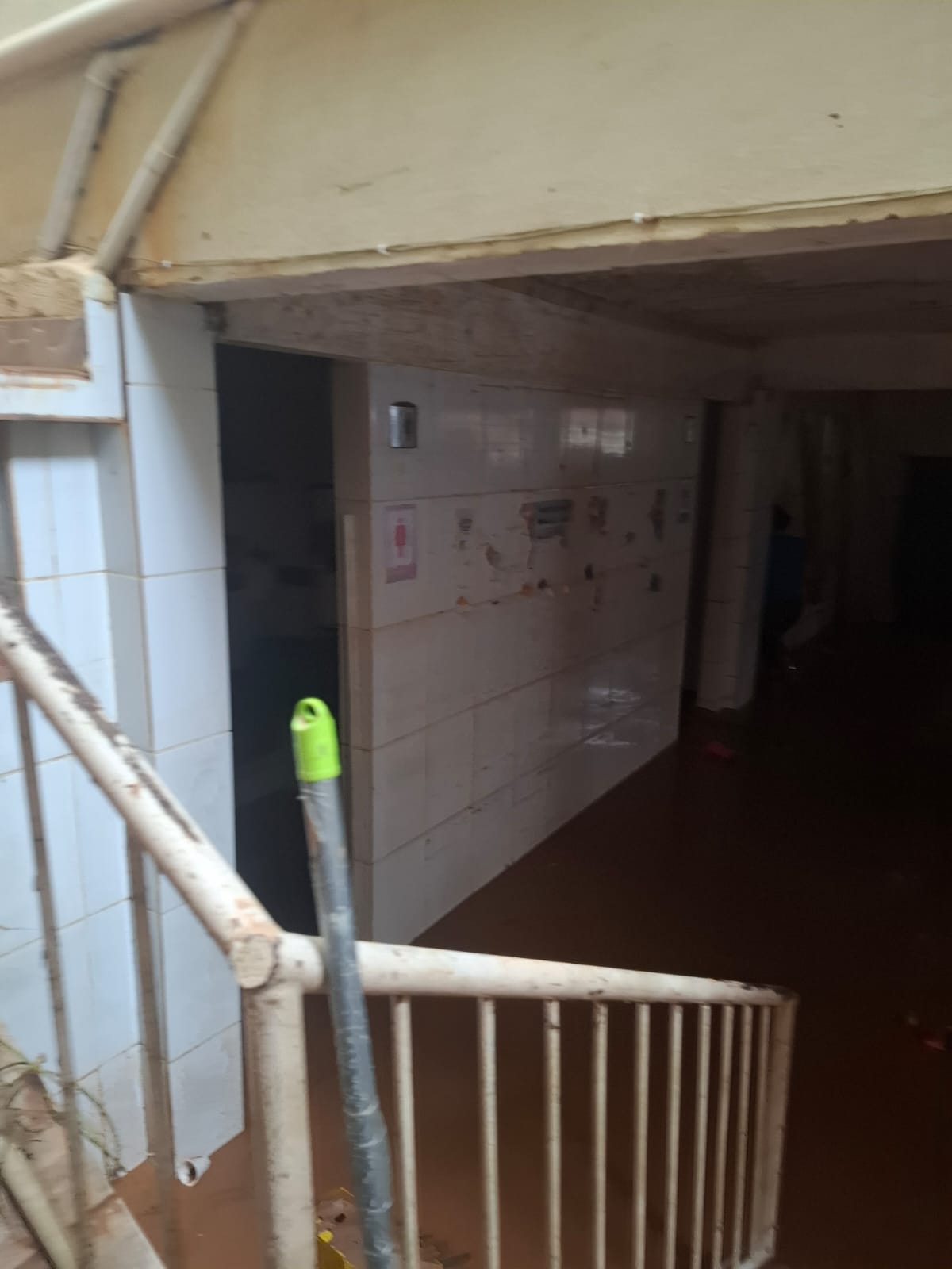Dark flooded interior hallway of the church building
